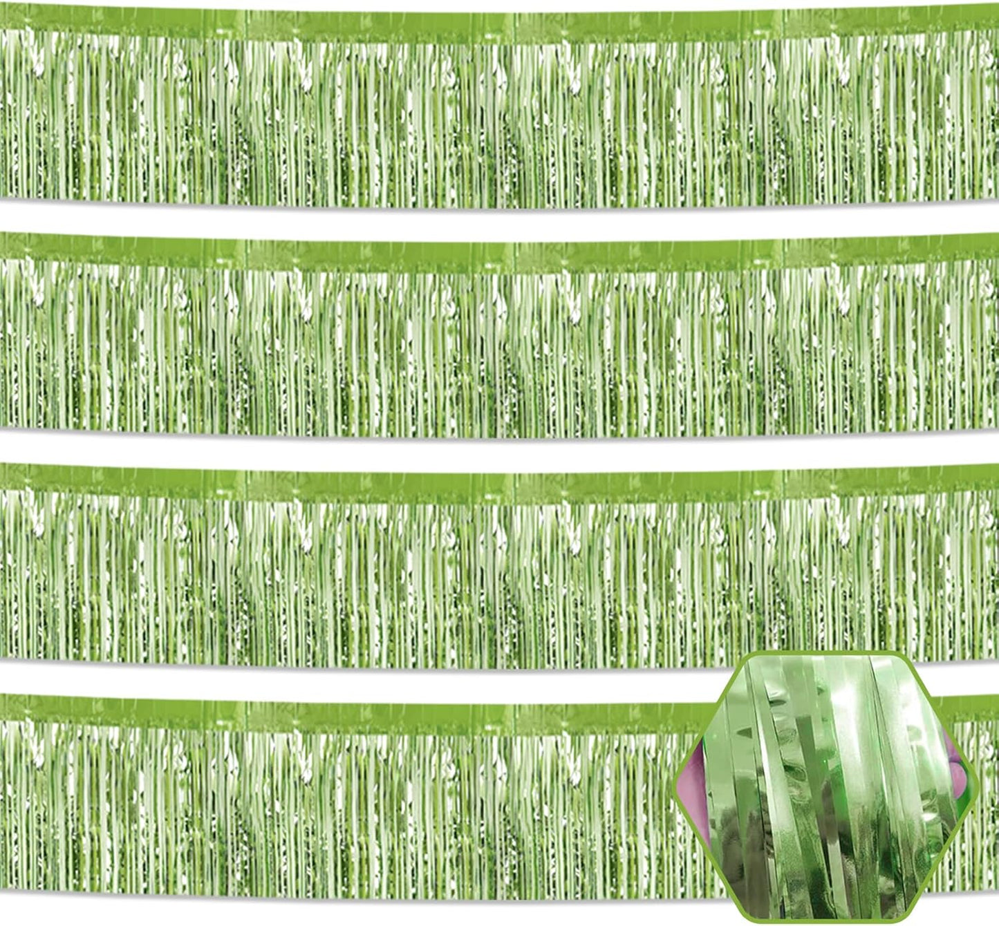 4 Pack 10 Feet Light Green Foil Fringe Garland Metallic Tinsel Streamers Banner Wall Hanging Curtain Backdrop for Parade Floats, Wedding, Graduate, Mother's Day, Birthday Party Decoration
