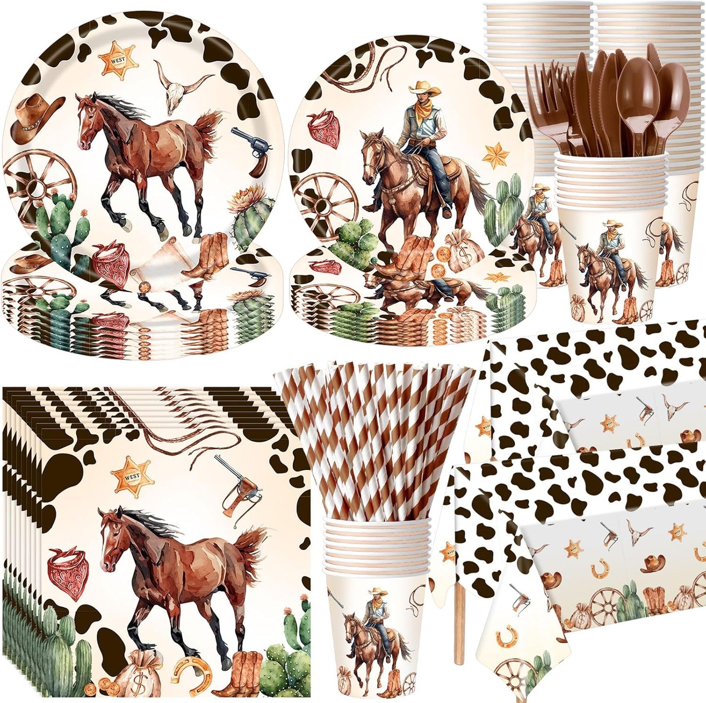 452 Pcs Western Birthday Party Decorations for 50, Western Cowboy Paper Plates Cups Napkins Tablecloth Cutlery Straws Cowboy Tableware for Wild West Horse Rodeo Birthday Party Supplies