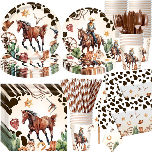 452 Pcs Western Birthday Party Decorations for 50, Western Cowboy Paper Plates Cups Napkins Tablecloth Cutlery Straws Cowboy Tableware for Wild West Horse Rodeo Birthday Party Supplies