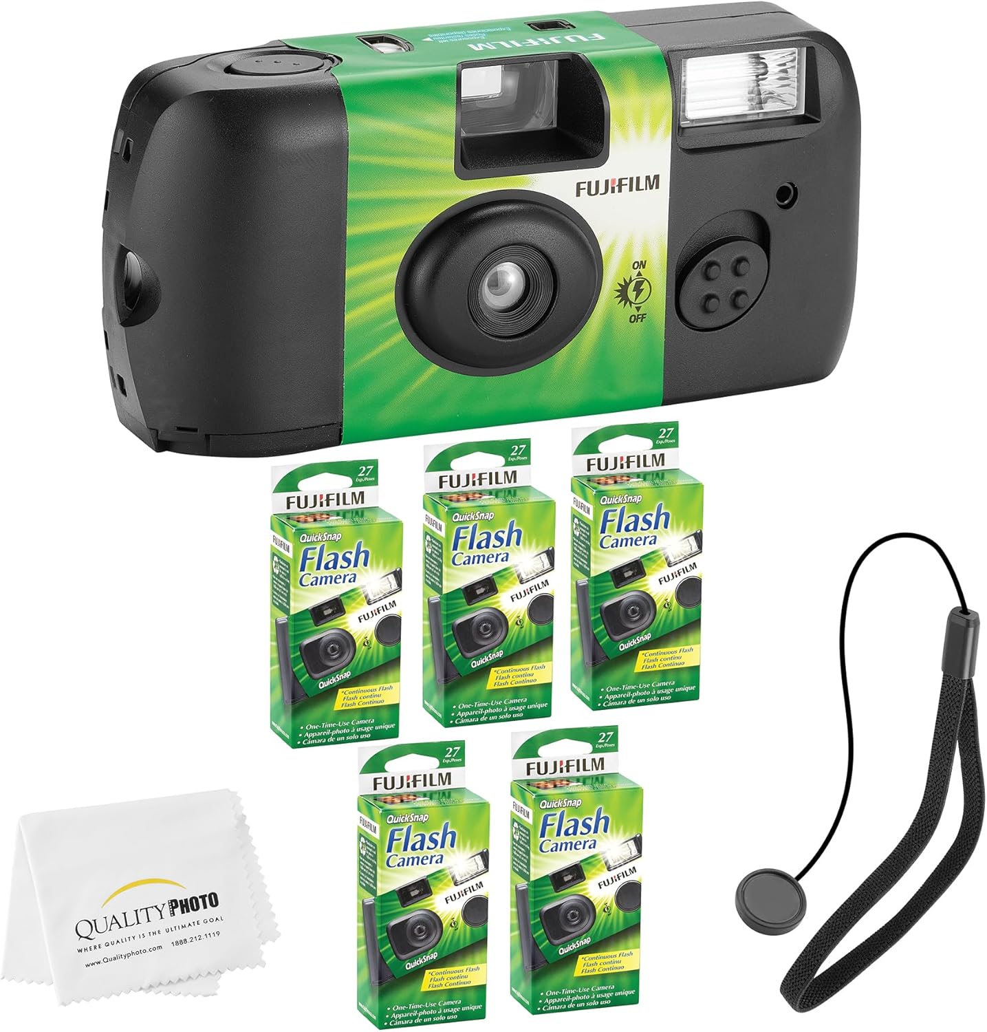 Fujifilm QuickSnap Flash 400 Disposable 35mm Camera + Hand Strap + Quality Photo Microfiber Cloth (5 Pack)