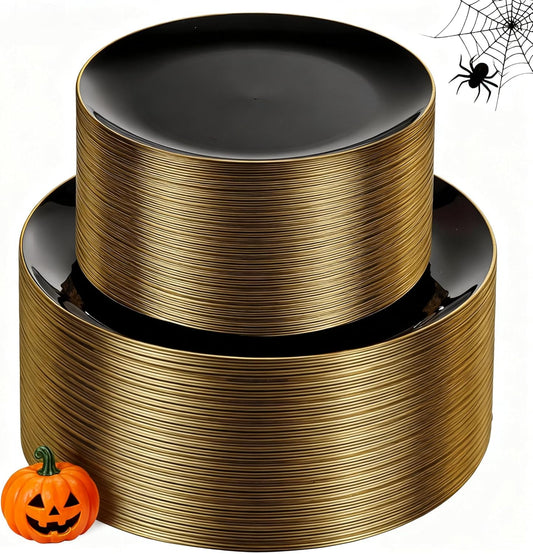 KIRE 100PCS Black and Gold Plates - Black Plastic Plates Disposable with Gold Rim for Halloween Party/Wedding/Birthday Include 50Pcs 10.25inch for Dinner and 50Pcs 7.5inch for Dessert/Salad