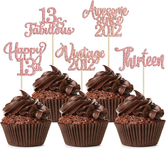 30Pcs Vintage 2012 Cupcake Toppers Glitter Thirteen 13 Fabulous Happy 13th Birthday Cupcake Picks Cheers to 13 Years for 13th Birthday Anniversary Party Cake Decorations Supplies Rose Gold