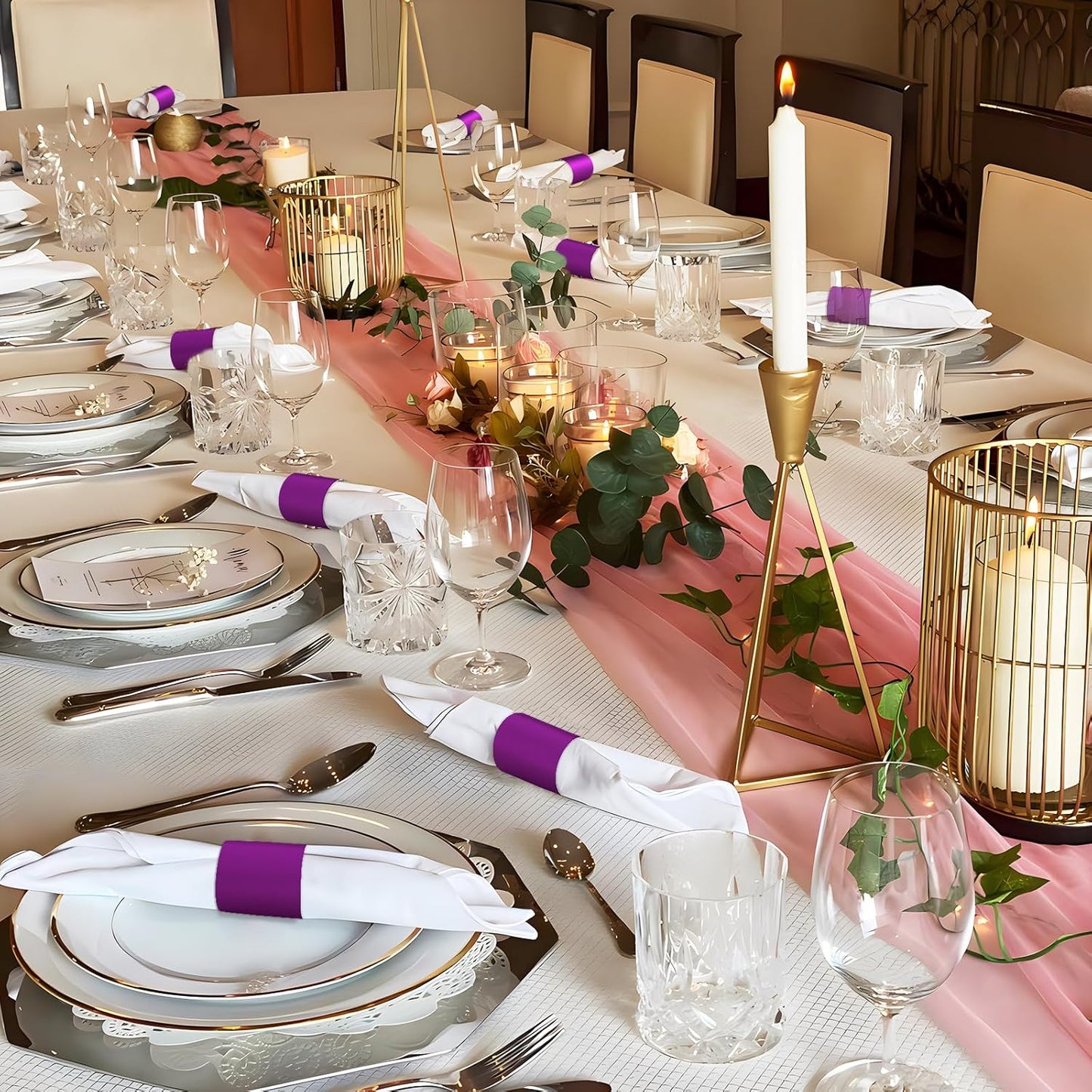 Polymer Material Reusable Napkin Band, Glue-Free Tear-Proof Water Resistant Oil-Proof Napkin Bands Set of 100(Front Purple Color and Back White), 6 Adjustable Sizes Napkin Rings