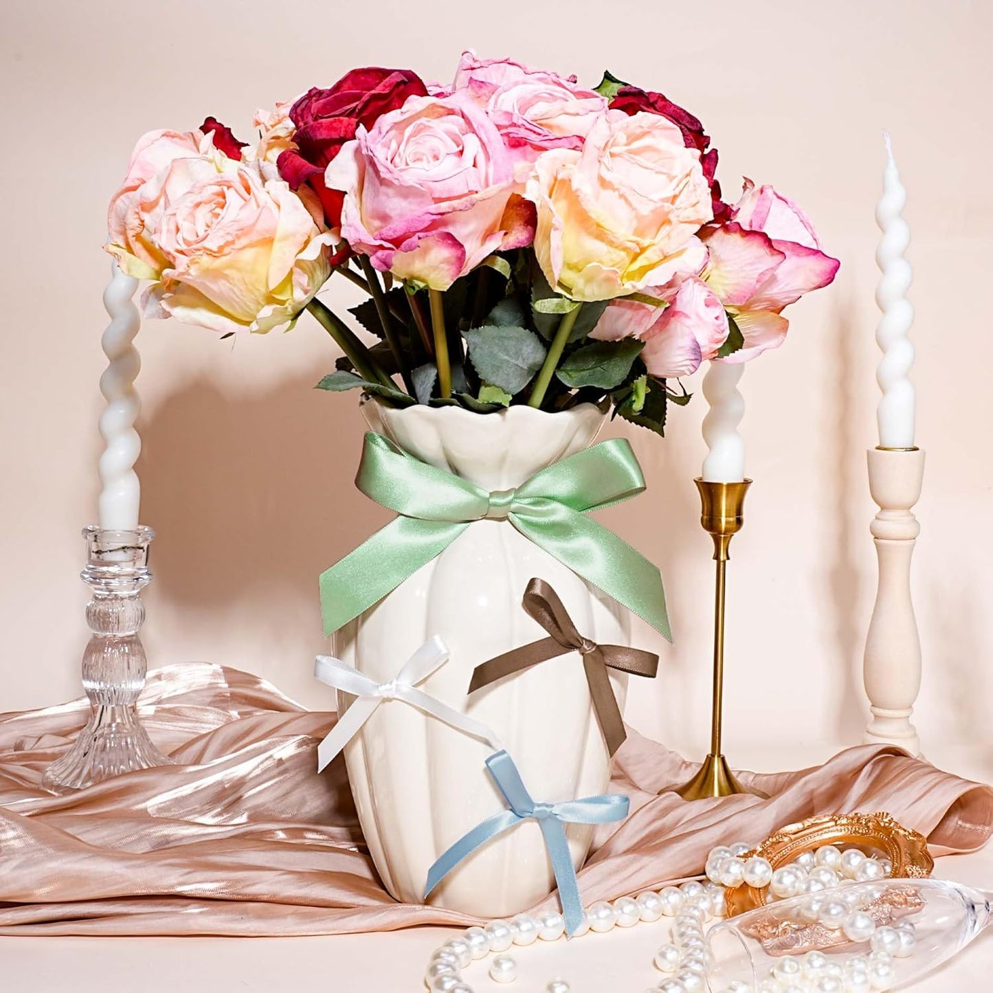 LaRibbons White Ribbon 3/8 Inch 25 Yards Luxury Double Faced White Silk Ribbon for Flower Bouquet Crafts Gift Wrapping Wedding Party Decoration