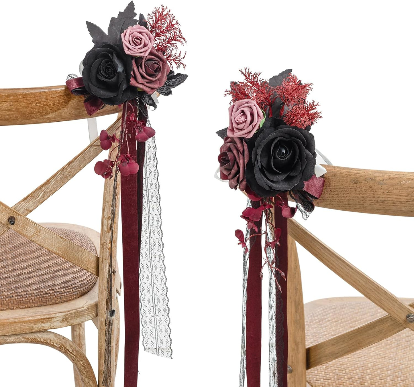 Ling's Moment 8 Wedding Artificial Aisle Pew Flowers Chair Decorations Arrangements with Chiffon Ribbons Black Burgundy for Ceremony Chair Back Floral Decor Reception Church Rose Party Outdoor