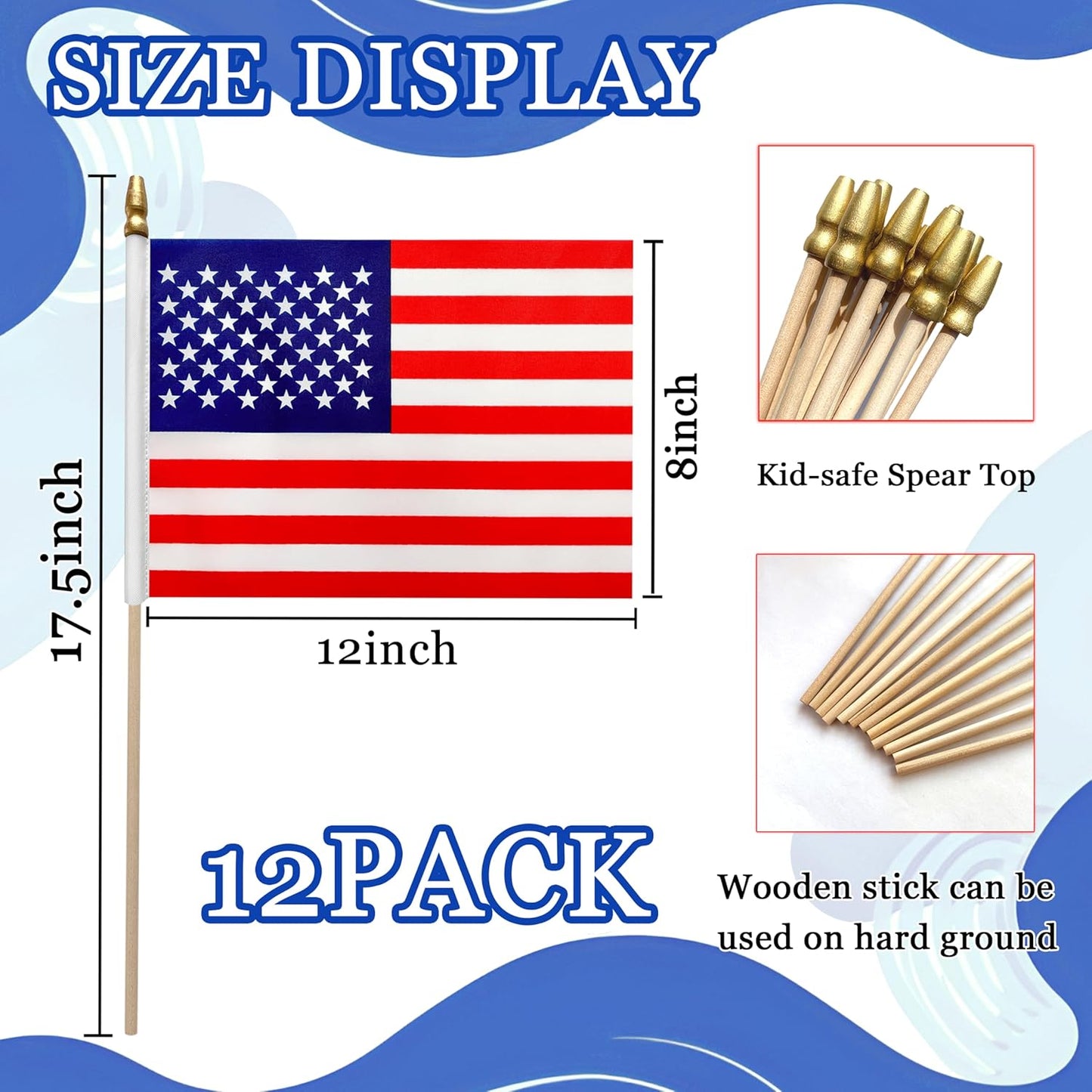 WEITBF 12Pcs 8×12 Inch Small American Flags on Stick Mini USA Flags US Handheld Flag Outdoor Decorations ﻿