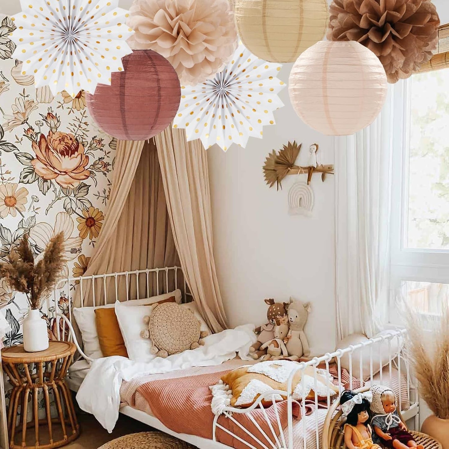 Boho Baby-Shower Party-Decorations Streamers-Lanterns - 14pcs White Brown Champagne Neutral Birthday Wedding Bridal Paper Fan,Tissue Pom Poms,Honeycomb Balls,Engagement Fall Christmas Decor Ouruola