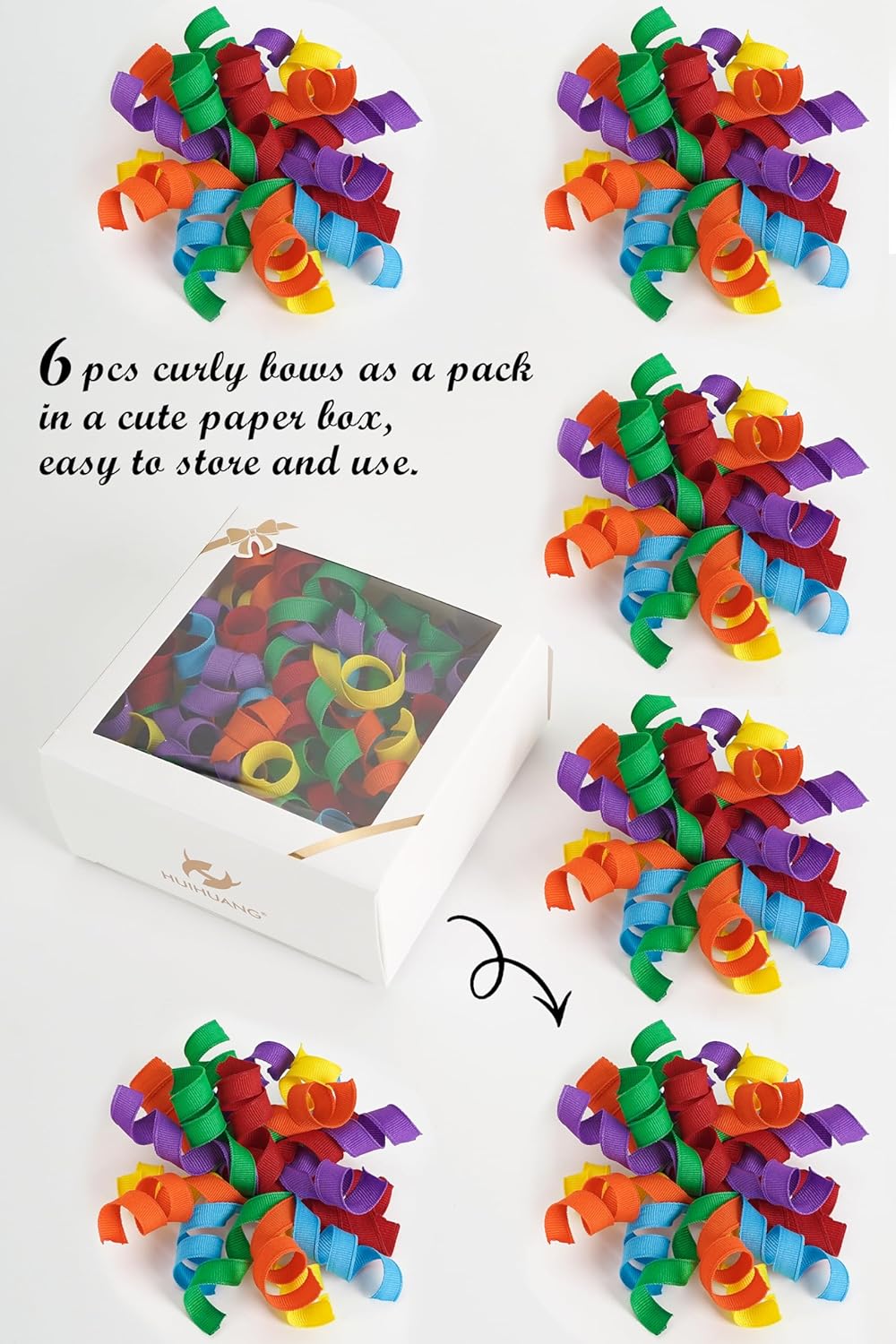 HUIHUANG Rainbow Bows for Gift Wrapping, Birthday Curly Ribbon Bows Self Adhesive Burst Gift Bow for Presents, Wine Bottle, Treat Bags, Birthday, Holiday Party Favors - 6 Counts