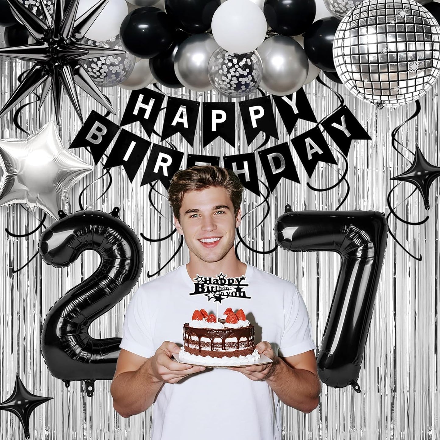 27th Birthday Decorations for Men Women, Black Silver Happy Birthday Party Decorations， 27 Year Old Party Supplies with Number 27 Balloons, Banner, Fringe Curtains Kit