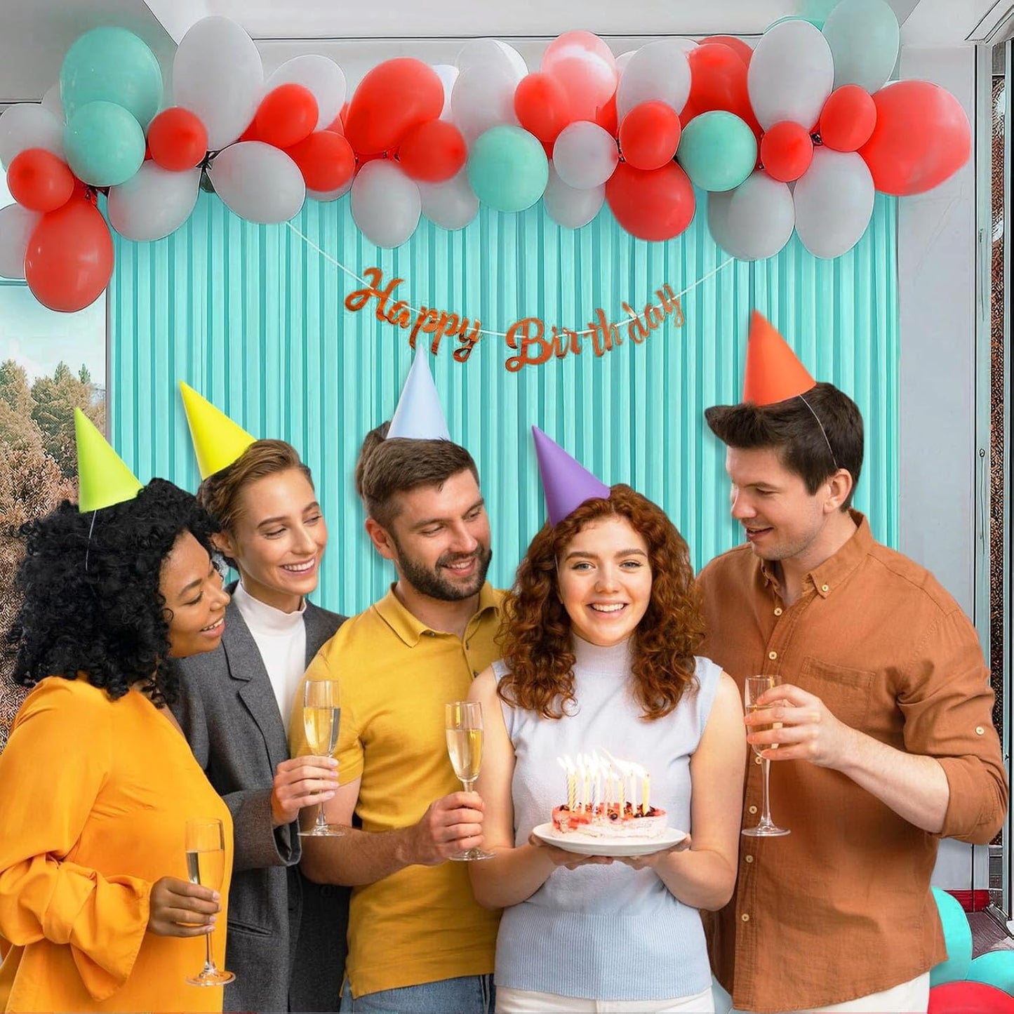 10 x 7 Feet Blue-Green Backdrop Curtain for Partie, Background Curtains for Photoshoot, Birthday, Wedding, Halloween, Thanksgiving, Christmas Day, New Year Party Decorations 5Ft x 7Ft, 2 Panels