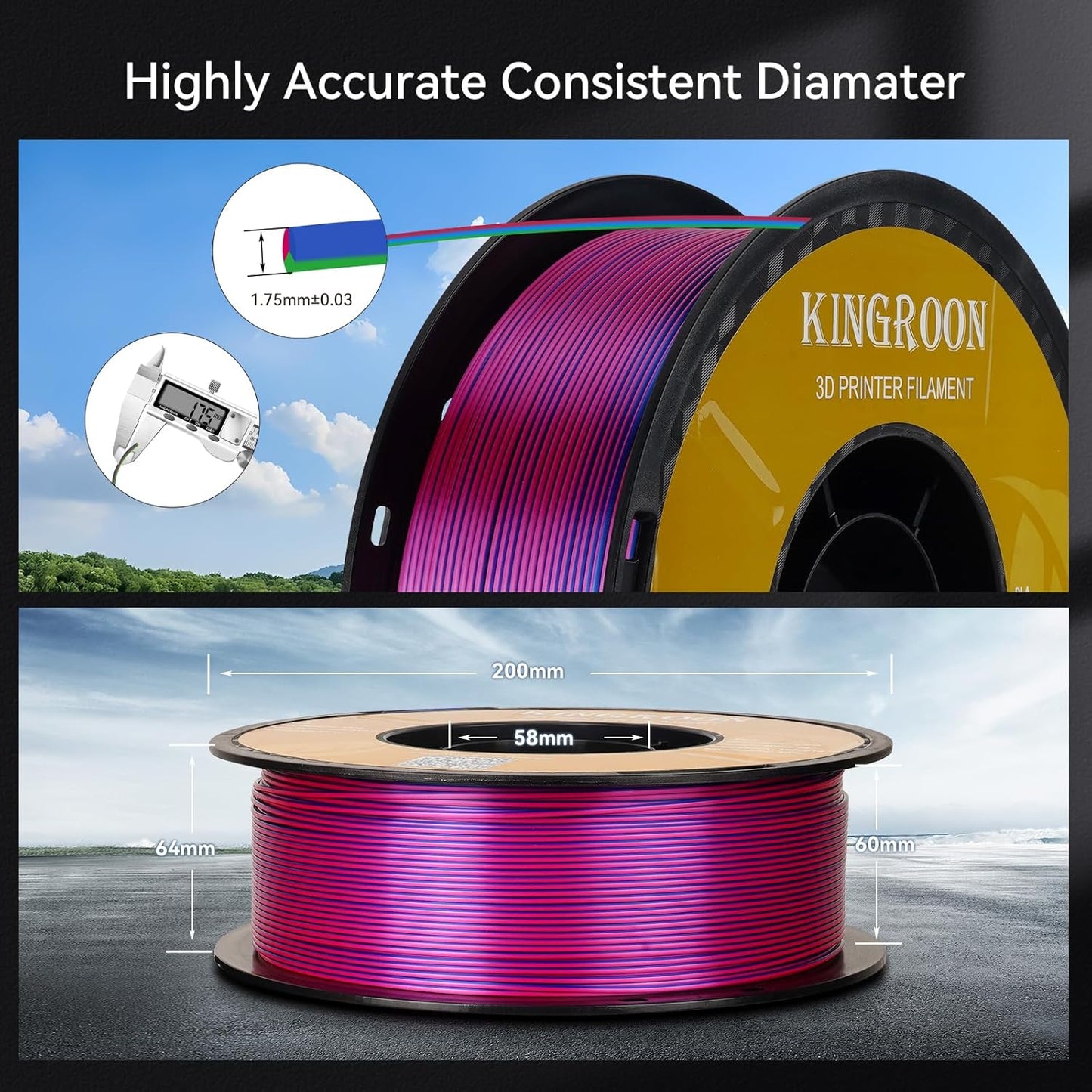 Kingroon 16KG PLA Filament Bundle+Triple Color Silk PLA Filament Bulk 3D Printer Filament 1.75MM,for Most FDM 3D Printer，1KG X 16 Spools
