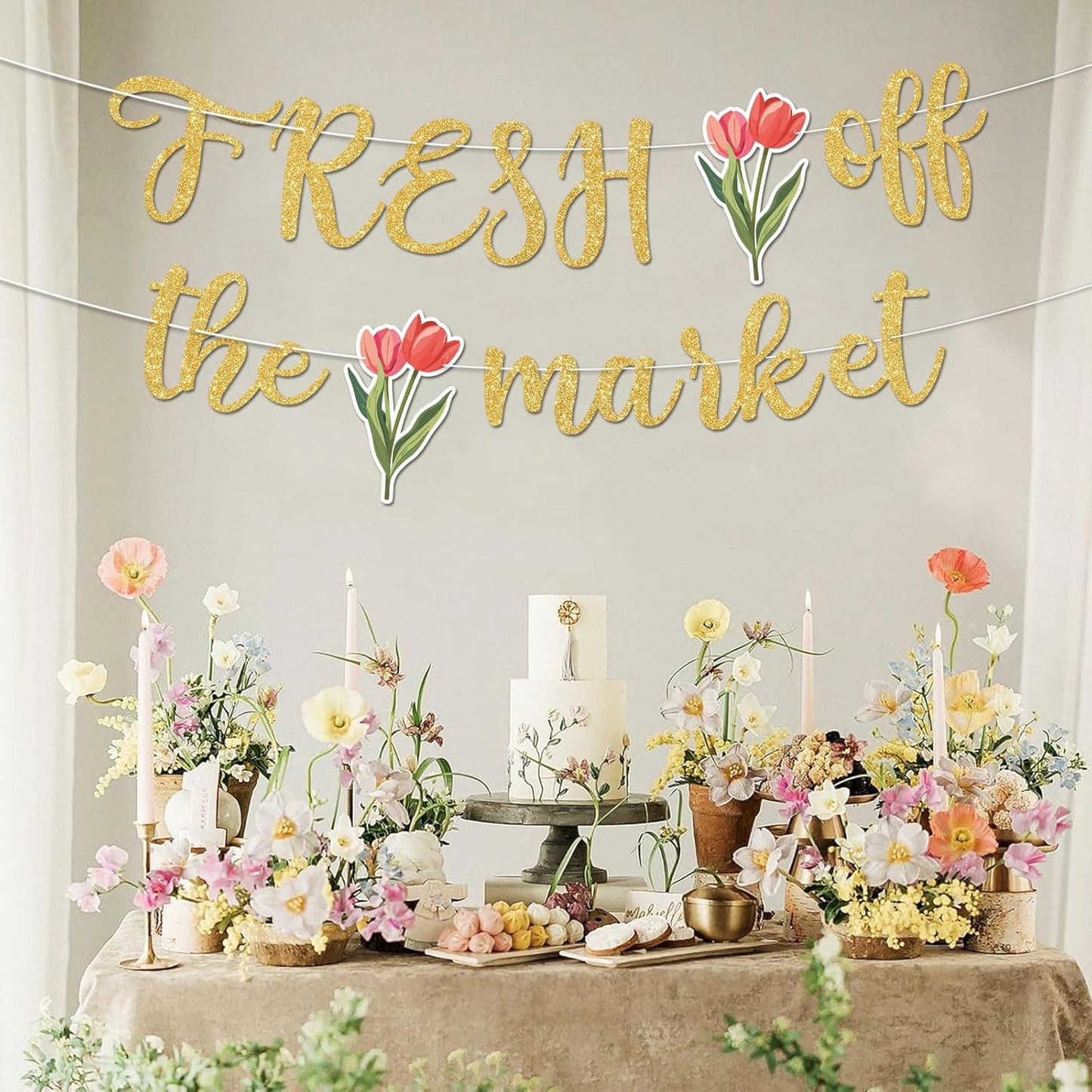 Fresh Off The Market Bridal Shower Banner, Gold Glitter Farmers Market Floral Theme Wedding Banner for Bachelorette Wedding Engagement Party Decorations Supplies, No DIY.