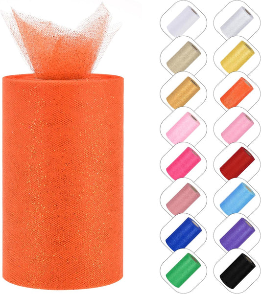 Glitter Tulle Rolls 6” by 50 Yards Sparkle Tulles Fabric Ribbon Sequin Tulle Netting Rolls for DIY Tutu Skirt Wedding Birthday Party Decoration (Orange)