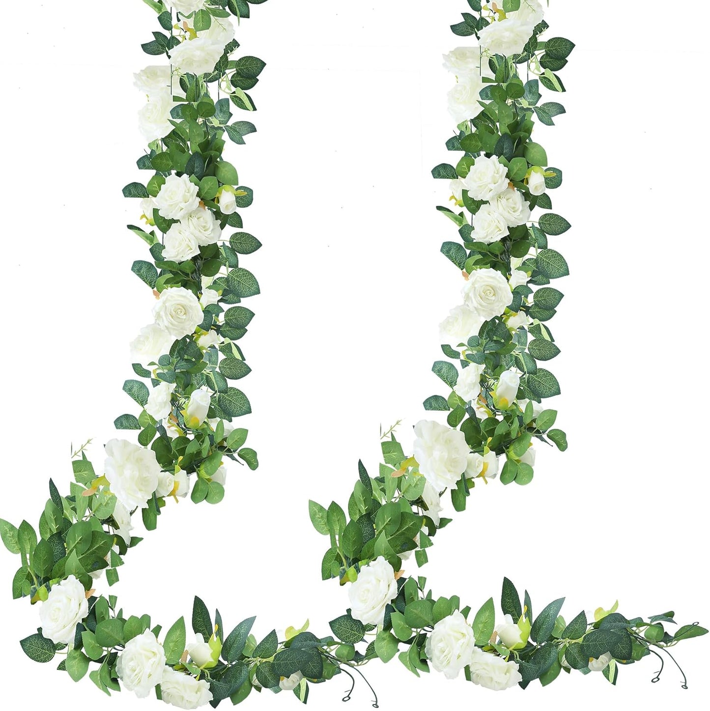 Sggvecsy 2Pcs 15.5Ft Artificial Rose Vine Fake Flower Garland Floral Garland Faux Silk Hanging Vine Rose Ivy Vines for Wedding Arch Party Wall Garden Ceremony Background Outdoor Decor (White)