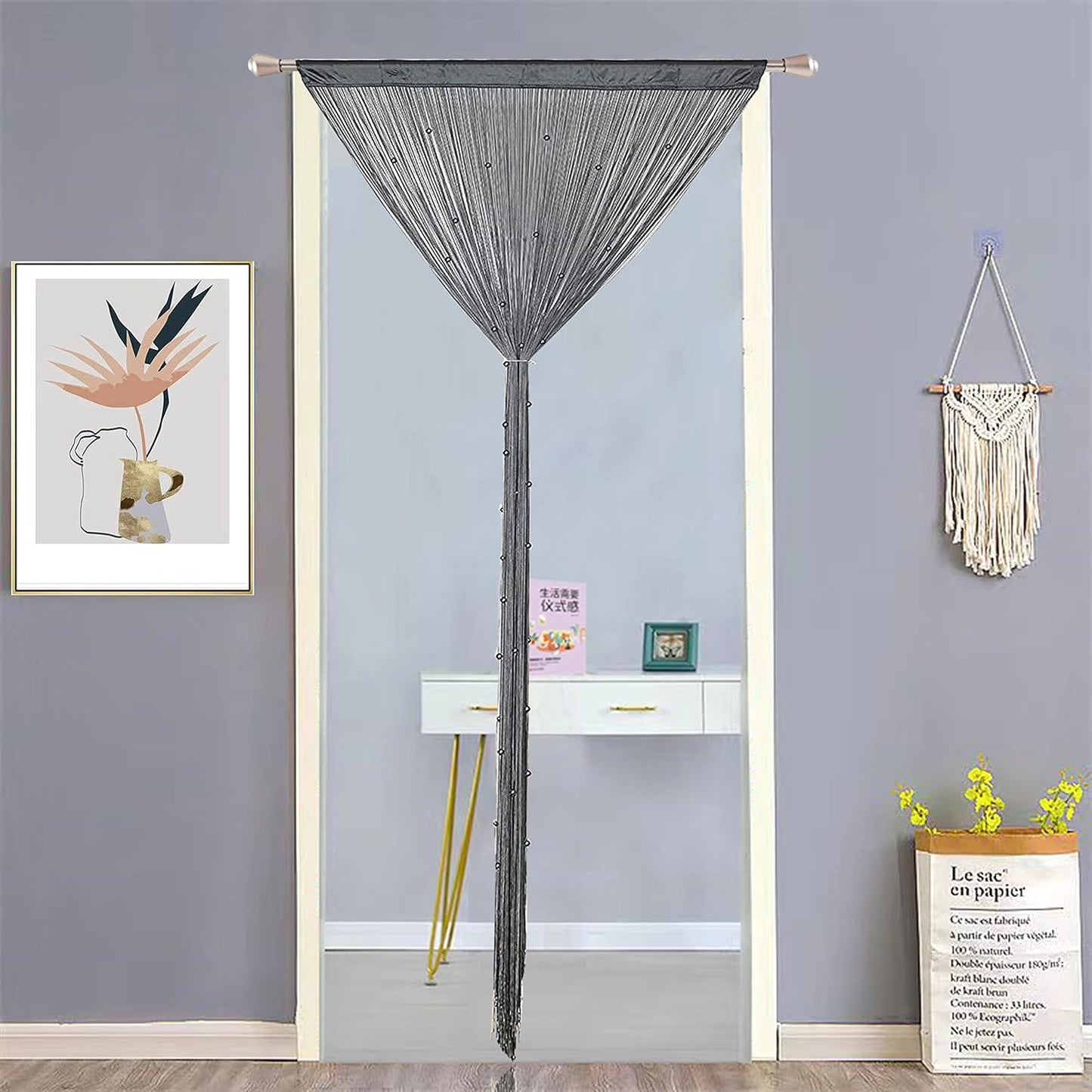 Beaded Curtain Beads Door String Curtains Ideal for Living Room Decor Wall Hanging Fringe Doorway Divider Bedroom Backdrop Hippie Window Closet Privacy Rod Pocket Dense (100x200cm,Grey)