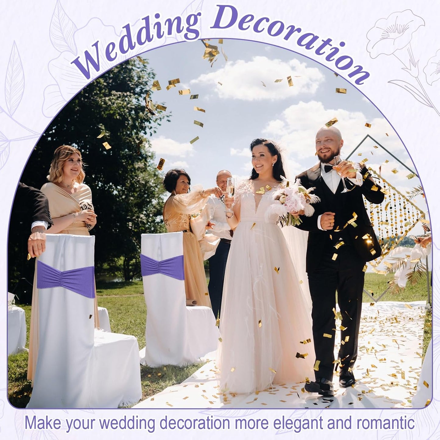 Moukeren 100 Pcs Spandex Chair Sashes Bows Bands Slider Sashes for Chair Covers Elastic Bands Ties Ribbon Decorations for Wedding Party Events Ceremony Birthday Banquet(Lavender Purple)