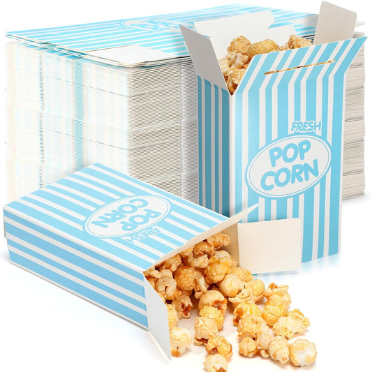 Xinnun 200 Pcs Paper Popcorn Boxes 1 oz Close Top Oil Proof Disposable Popcorn Container 6 x 4 x 2 Inch Stripes Leak Proof Popcorn Boxes for Party Movie Party Theater Night Birthday (Blue)