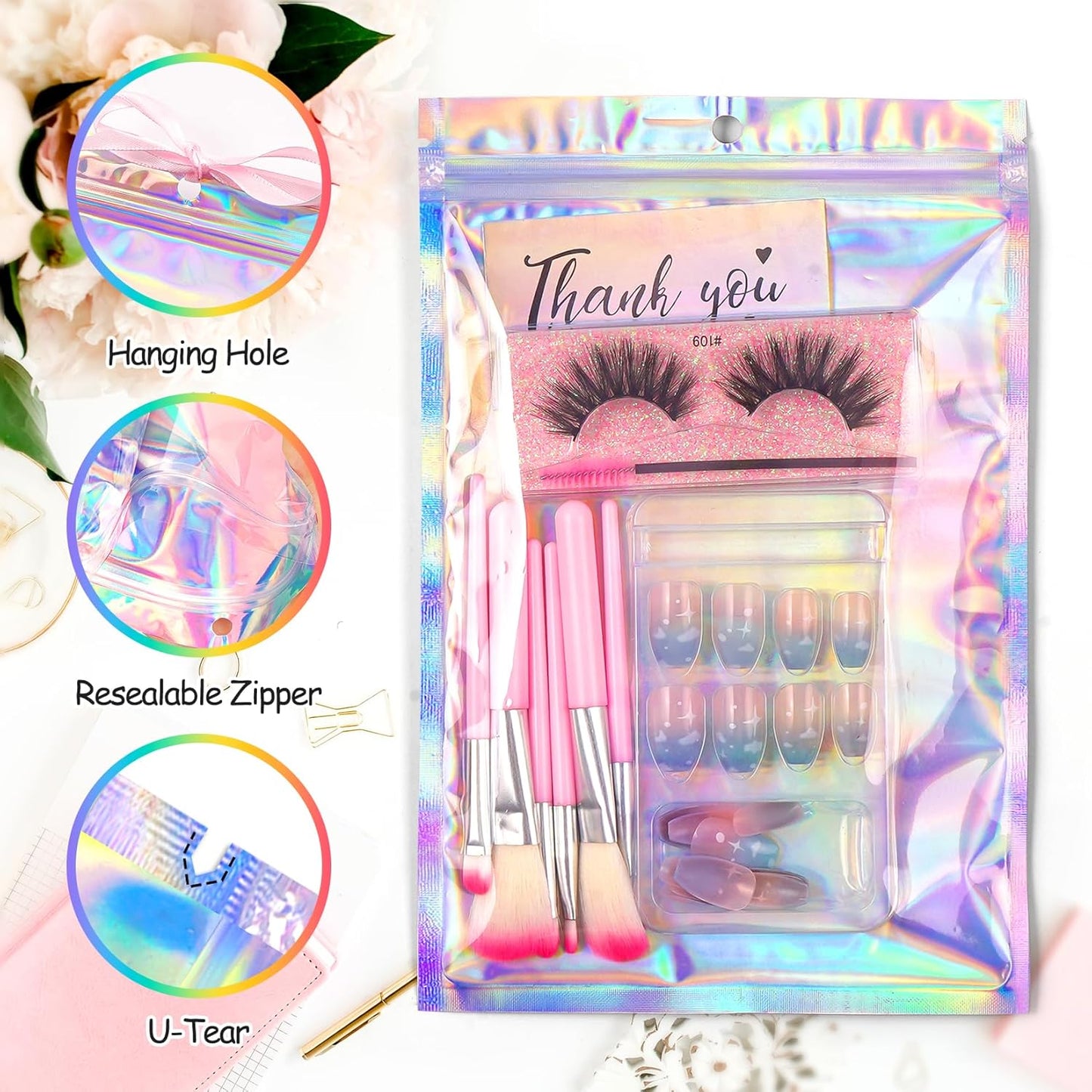 Funfery 50 Pcs Smell Proof Holographic Resealable Bags,6.3x9.4in Clear Window,Mylar Foil Baggie with Zipper,Sealing Pouch Packaging Bag for Food Storage,Candy,Party Favor Sample Business Supplies