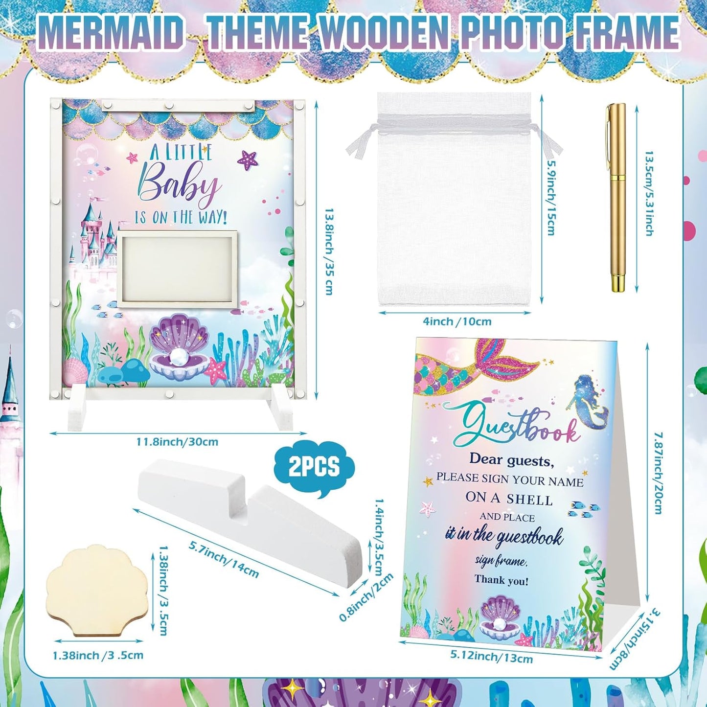 65 Pcs Mermaid Baby Shower Guest Book Alternatives He or She Gender Reveal Baby Shower Decorations Sign in Guest Book with Picture Frame and 60 Wooden Chip Under The Sea Party Favors