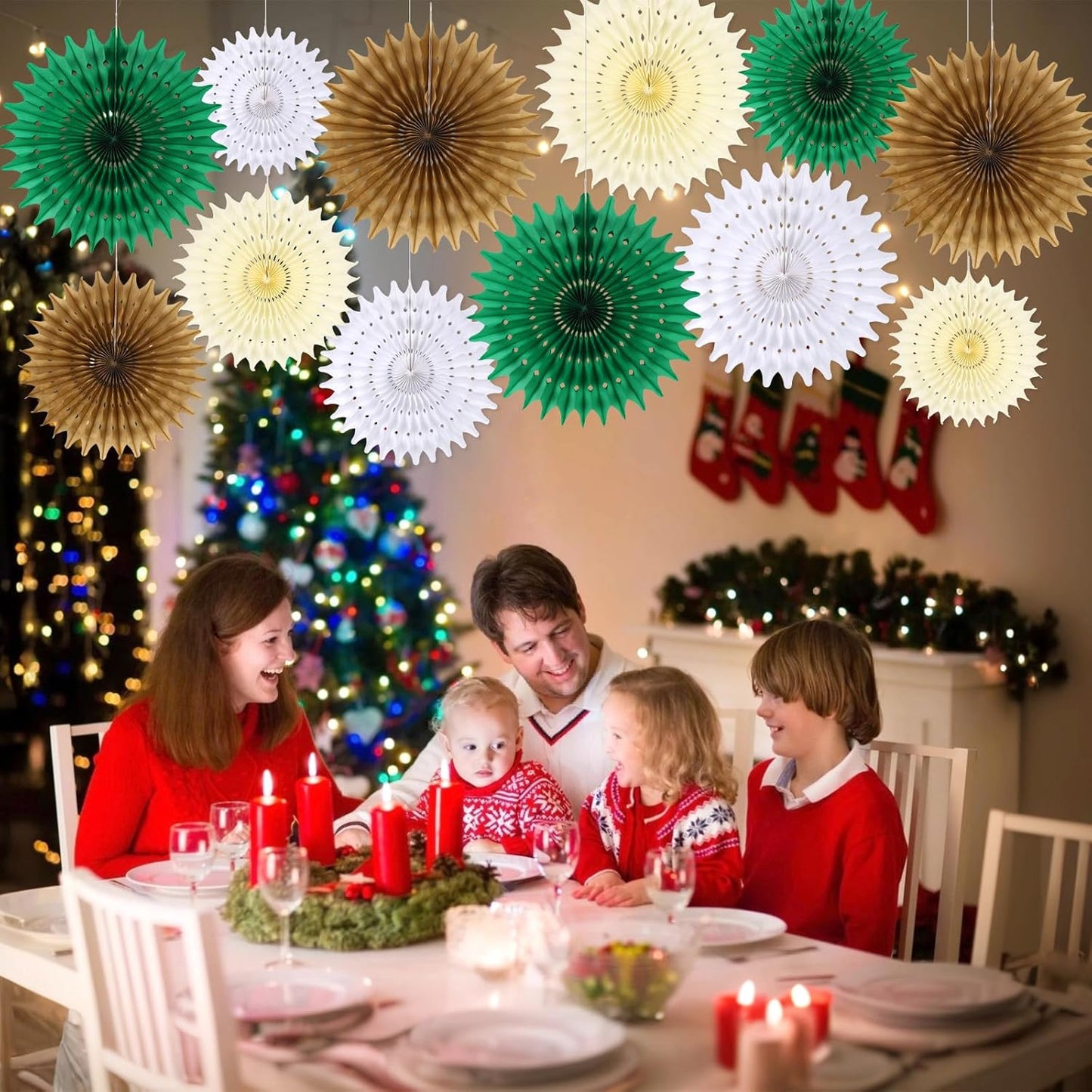 BestoFun 12PCS Paper Fans Neutral Green White Christmas Decorations Winter Party Decorations Tissue Paper Flowers Decorations for Winter Holiday Party Xmas Home Room Wall Hanging Décor
