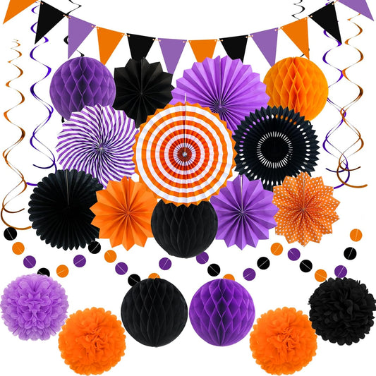 Halloween Party Decorations Paper Fans, Graduation Season Hanging Glitter Triangle Flags Banner Hanging Paper Fan Happy Birthday Banners and Triangular Flag, Bridal Shower,Purple Themed Birthday