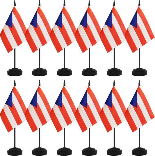 12 Pack Puerto Rico Desk Flags, Puerto Rican Desktop Flag, Small Miniature Office Flags with 12" Black Pole and Black Base, Offices, Classroom, Home, Festival Decoration (Puerto Rico)