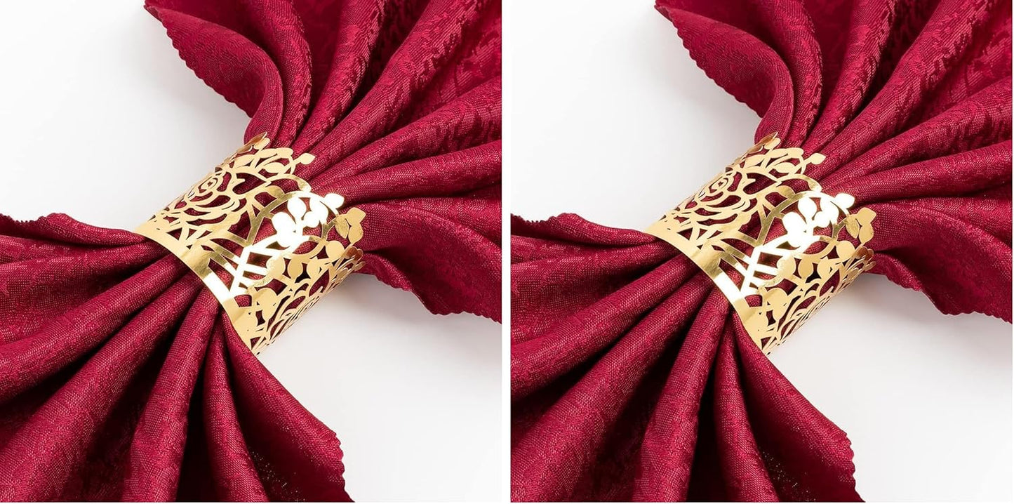 100pcs Disposable Rose Flower Paper Napkin Rings Laser Cut Foil Paper Napkin Holder, Leaf Vine Serviette Rings for Table Decoration,Christmas,Wedding,Party (Gold) (Pack of 2)
