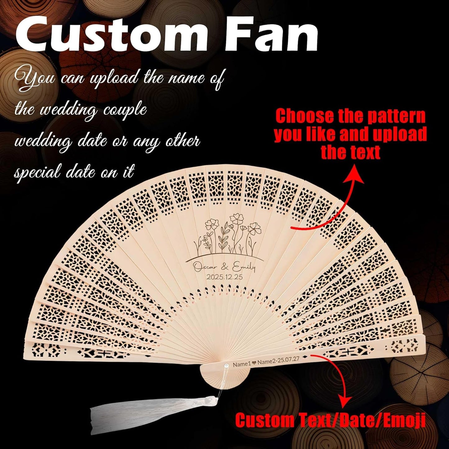 100 PCS Custom Fans Personalized Folding Fans for Line Dancing Wooden Hand Fan Wedding Favors Bulk Fans for Guests Party Event Use (Style15)
