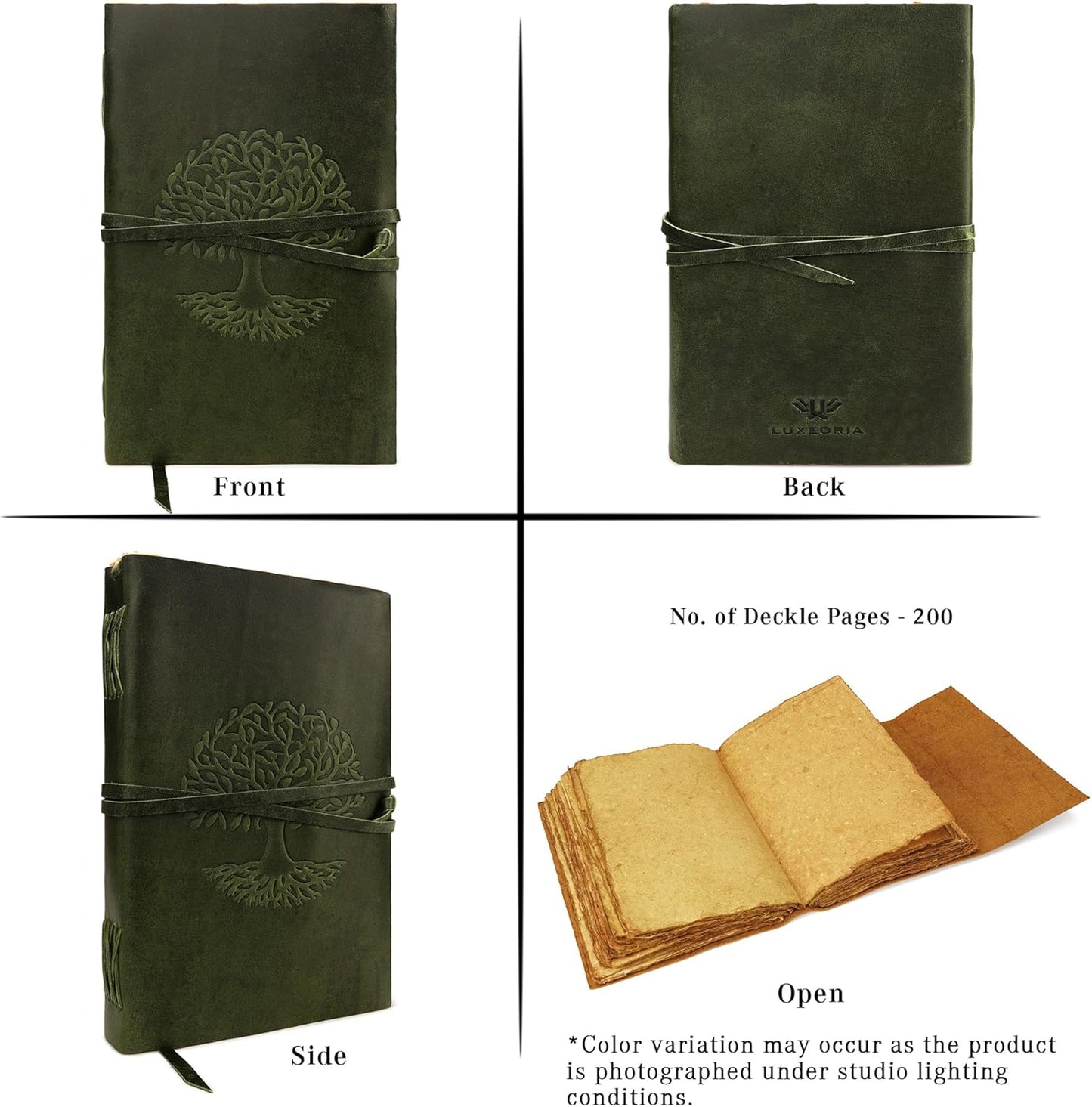 LUXEORIA Tree Of Life Leather Journal for Women and Men, Handcrafted Leather Journal for Writing Womens, Sketchbook, Travel Diary with Unlined Deckle Paper, Dark Green 8x13