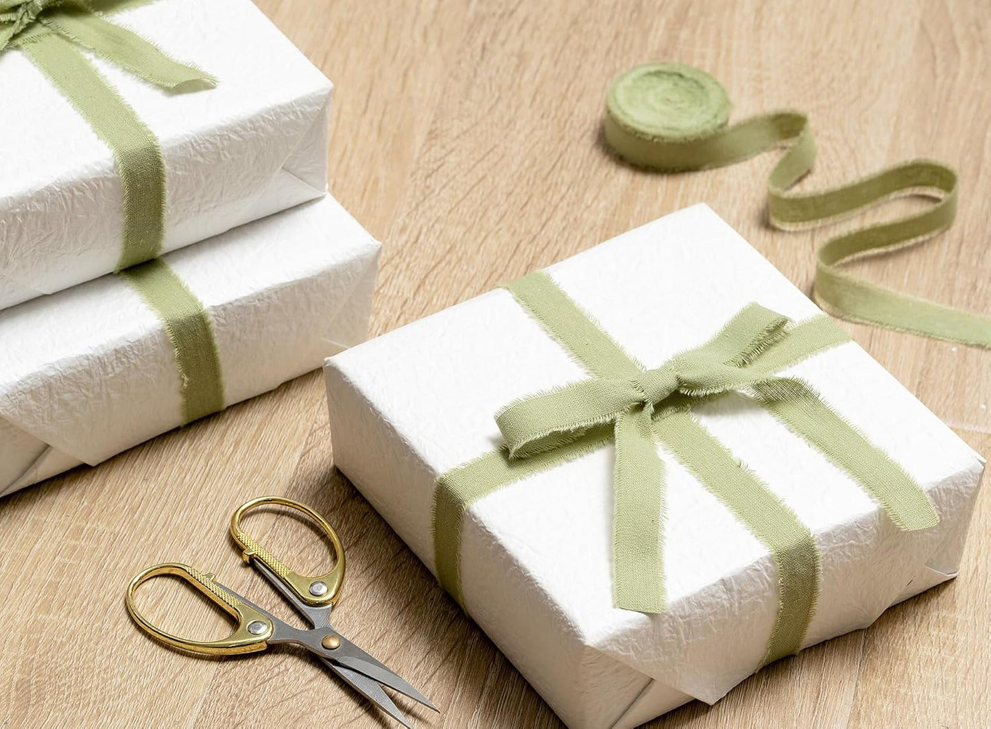 Sage Green Ribbon 5/8" x 21 Yards with Frayed Fringe Fabric Cotton Ribbons for Gift Wrapping Wedding Invitations Flower Bouquet Baby Shower