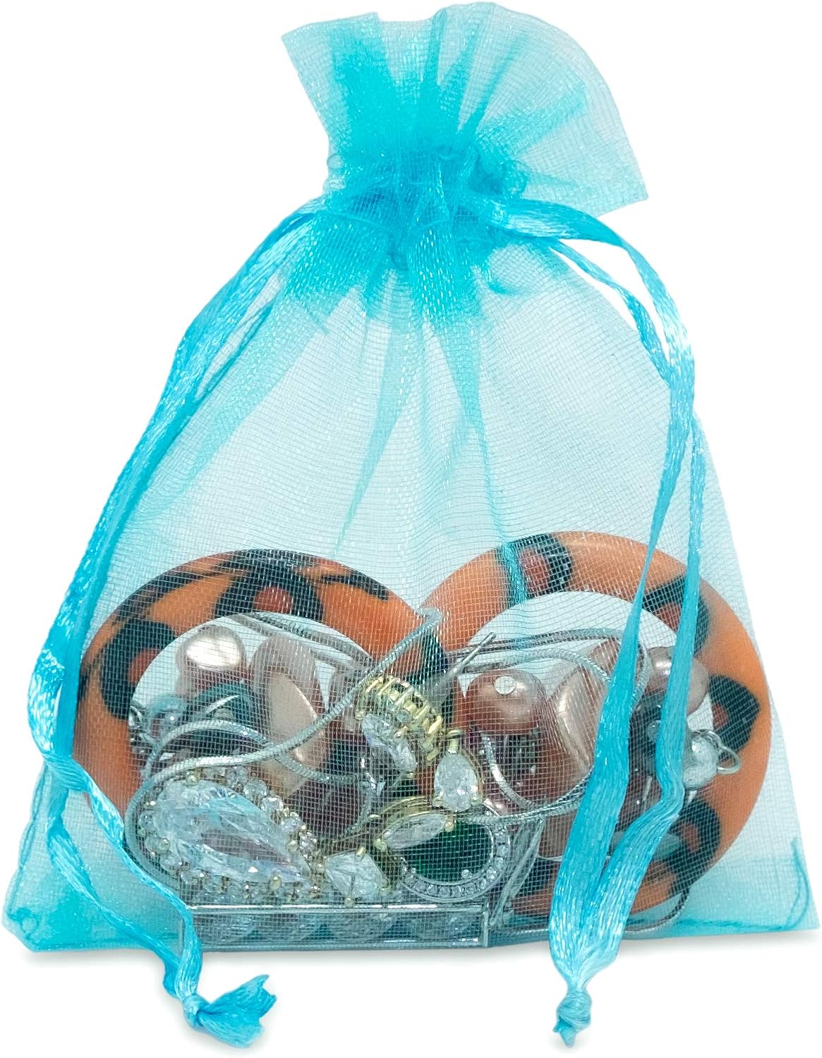 TheDisplayGuys 48-Pack 3x4 Turquoise Blue Sheer Organza Gift Bags with Drawstring, Jewelry Candy Treat Wedding Party Favors Mesh Pouch