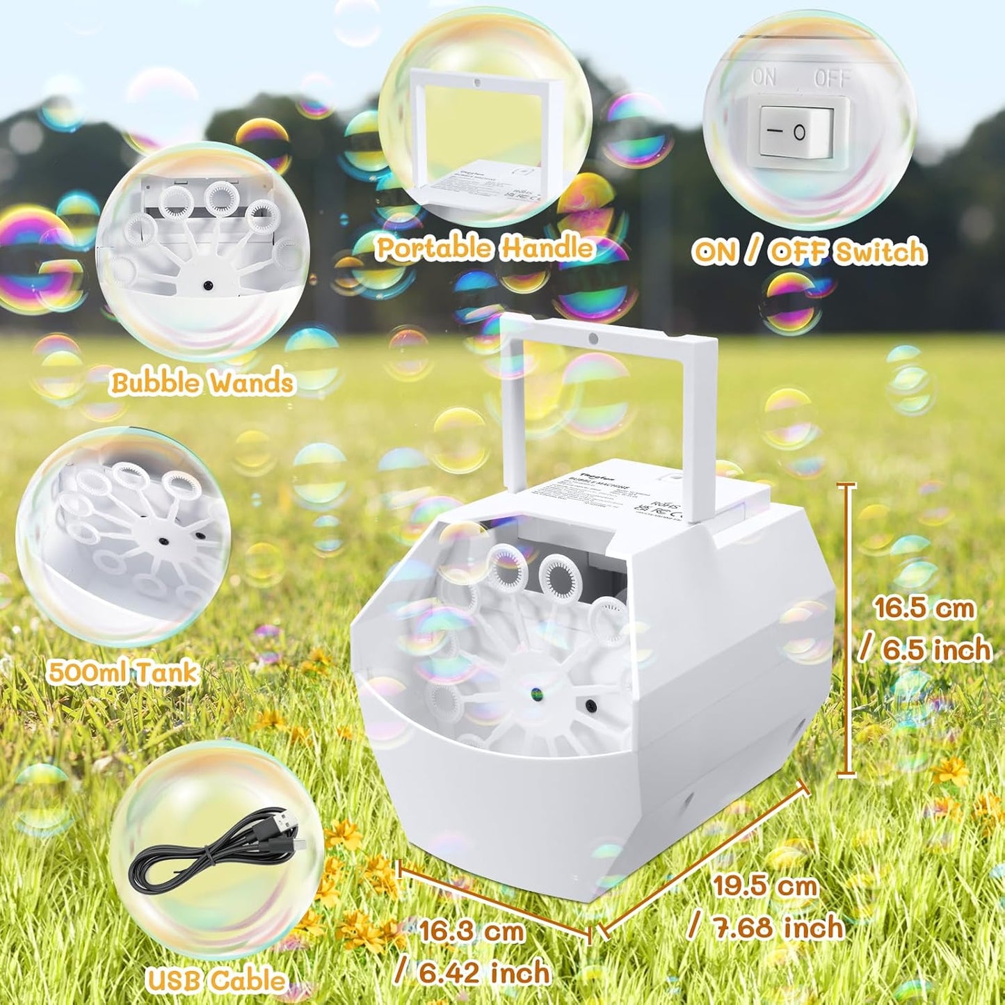 Theefun Bubble Machine: 500ML Automatic Bubble Blower Max 15000 Bubbles per Min for Kids and Toddlers, Battery or USB Operated Portable Bubble Maker for Parties Weddings Birthday White