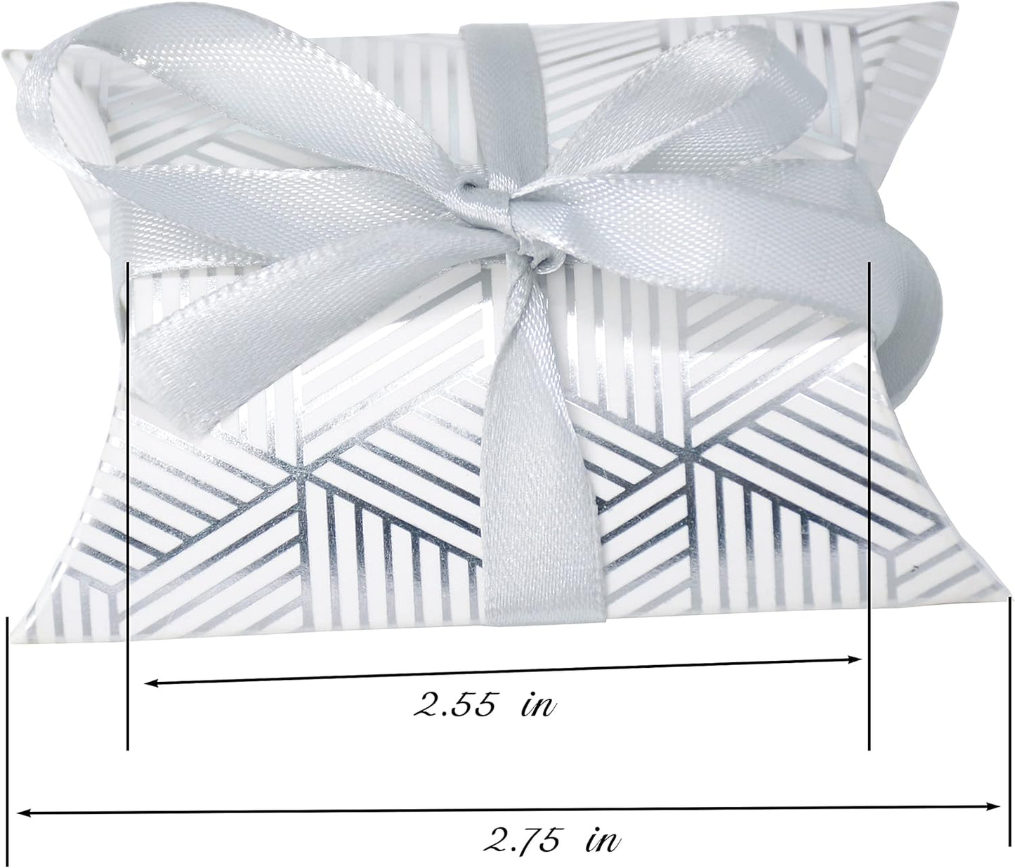 Aokbean 100 Pack Mini Pillow Candy Box Small Gift Boxes with 50 Yards Ribbon for Christmas Wedding Party Favor Gift, Jewelry or Soap Packaging (Silver Stripes)
