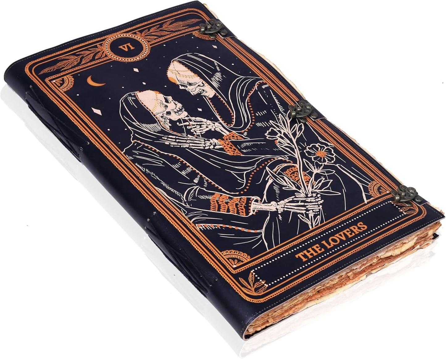 cuero Book of Spells Leather Journal Deckle Edge Paper Grimoire Printed Journal The Lovers Tarot Notebook Spiral Gothic Notebook Skull lover Antique Vintage Leather Journals for Women and Men