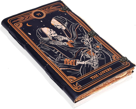 cuero Book of Spells Leather Journal Deckle Edge Paper Grimoire Printed Journal The Lovers Tarot Notebook Spiral Gothic Notebook Skull lover Antique Vintage Leather Journals for Women and Men