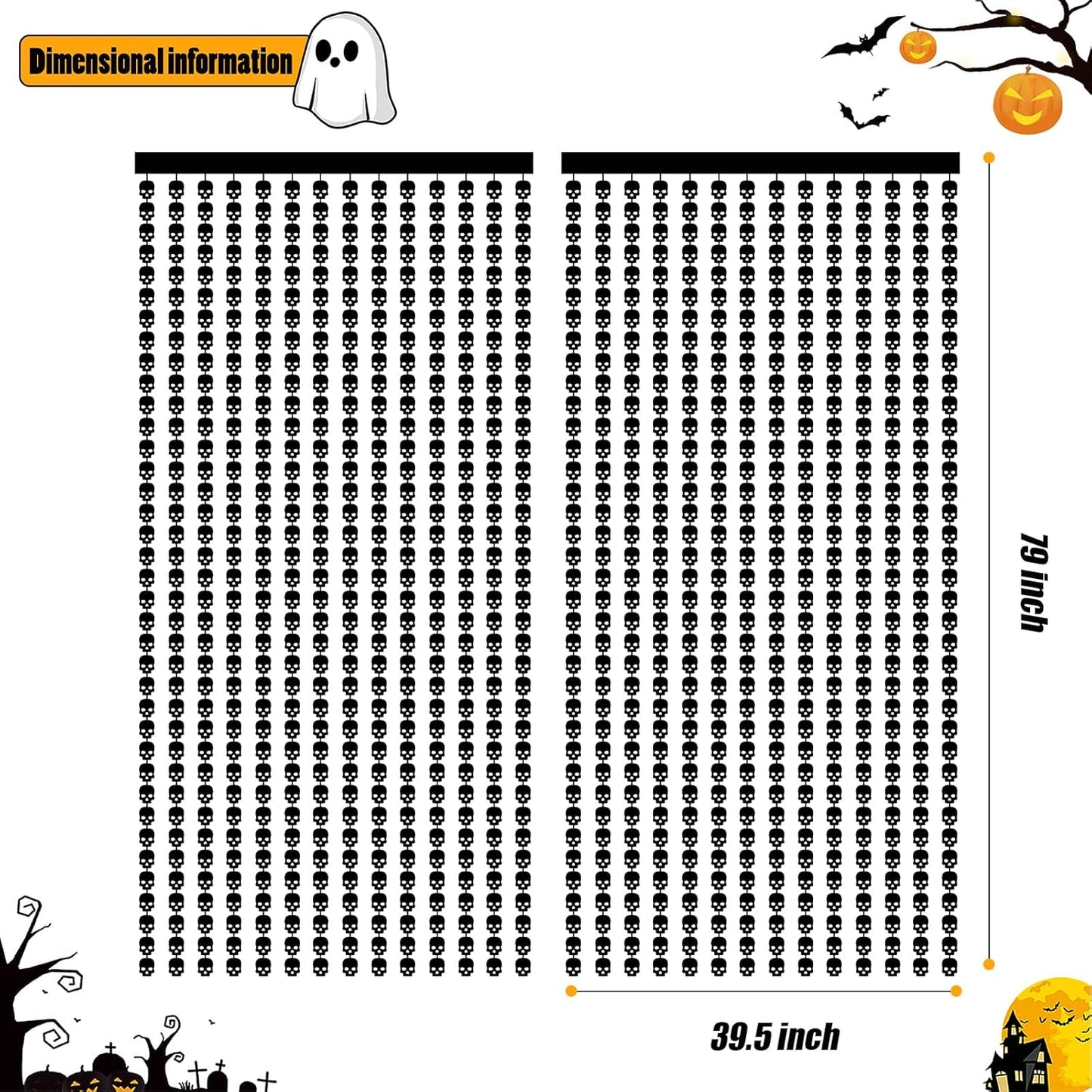 CANREVEL 2 Pack 3.2x6.5 Feet Halloween Foil Fringe Backdrop Curtains, Black Skull Tinsel Streamers Party Decorations, Fringe Backdrop for Wall Door Indoor Outdoor Decorations