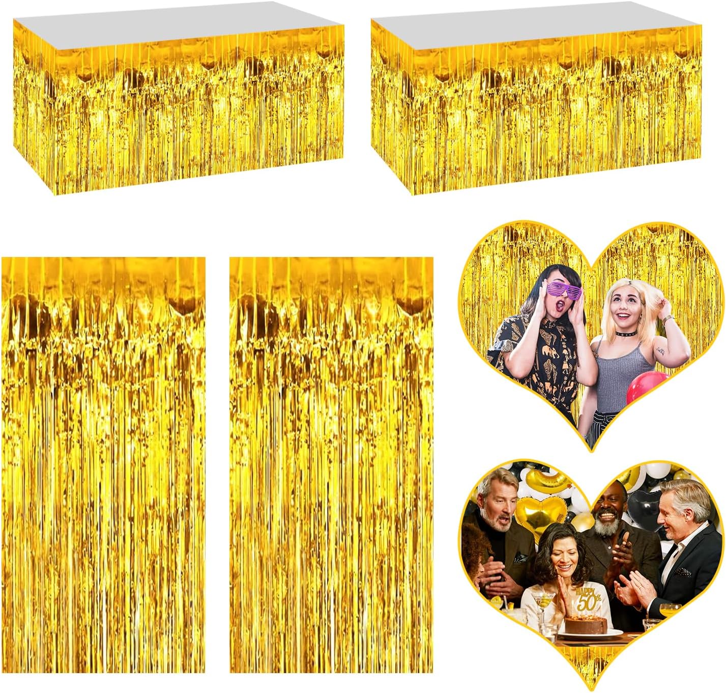 4P Metallic Foil Fringe Tinsel Table Skirts for Rectangle Tables Backdrop Banner Tinsel Streamer Garland Curtains for Parade Floats Wedding Graduation Anniversary Birthday Parties Decoration (Gold)