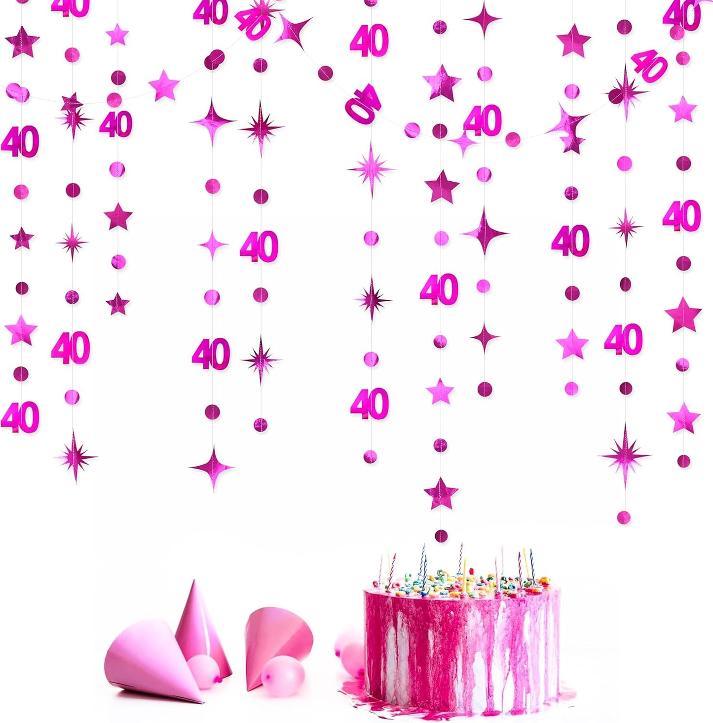 Hot Pink 40th Birthday Decorations Number 40 Circle Dot Twinkle Star Garland Metallic Hanging Streamer Bunting Banner Backdrop for Women Cheers to 40 Years Old Bday Forty Anniversary Party Supplies