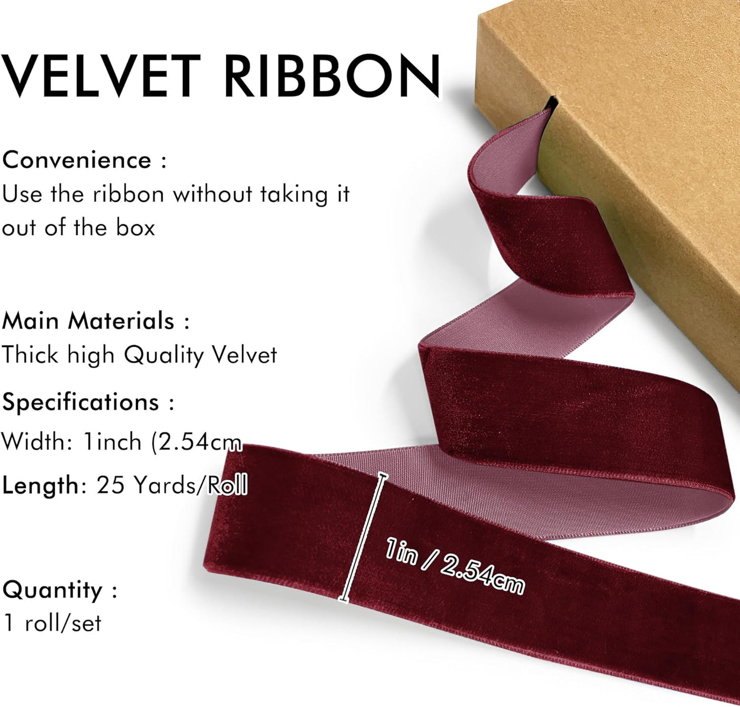 Burgundy Velvet Ribbon 1'' 25 Yards for Christmas Tree, Gift Wrapping, Flower Bouquet, Wreath Decorations, Bow Making