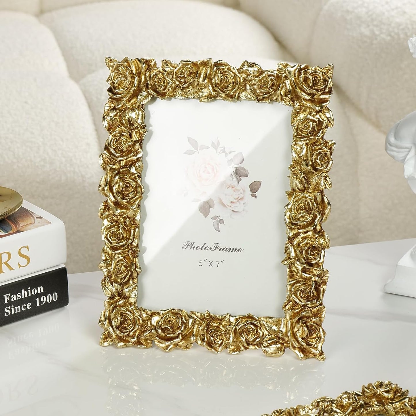 Cuspin Vintage Gold 5x7 Picture Frame, Gold Ornate Rose Flower Resin Photo Frame with Glass Front for Tabletop, Antique Picture Frames Photo Gallery for Home Office Decor