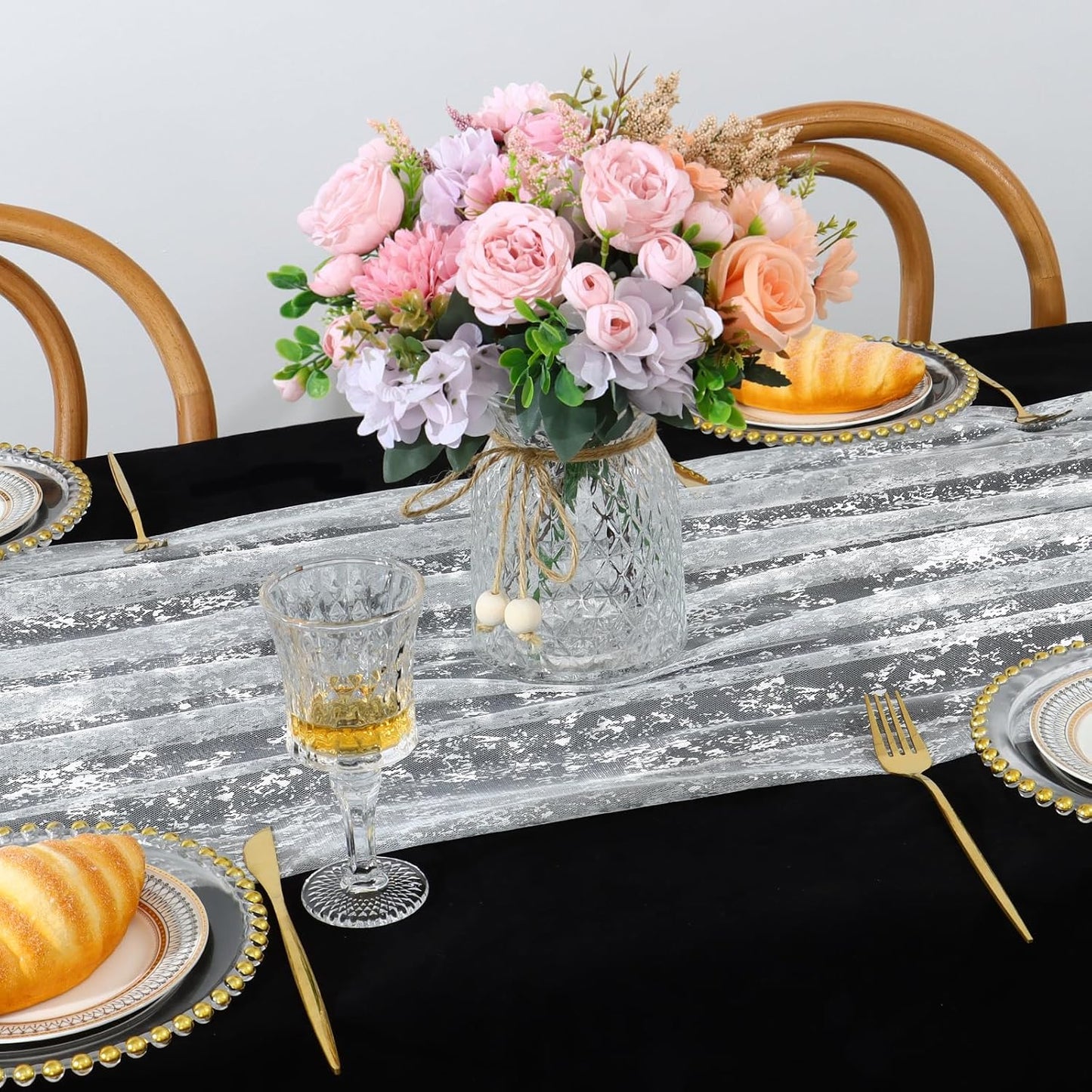 LOMOHOO 10 Ft Silver Table Runner, Silver Sheer Sequin Table Runners 120 Inches Long Glitter Metallic Foil Lace Fabric Table Decor for Birthday Party Wedding Anniversary Centerpiece (1pcs)