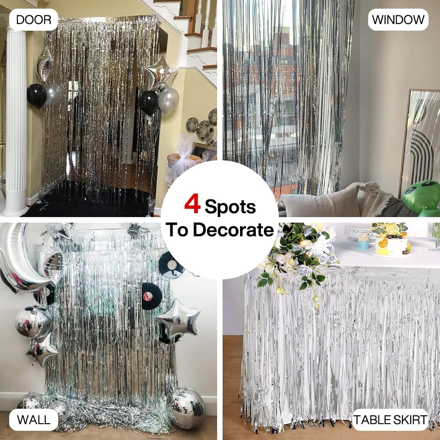 PartyWoo Foil Fringe Curtains Silver, 2 pcs 3.3x6.6 ft Silver Streamers, Fringe Backdrop, Tinsel Backdrop, Tinsel Curtain, Metallic Door Shimmer, Birthday Party Streamers, Christmas Decorations