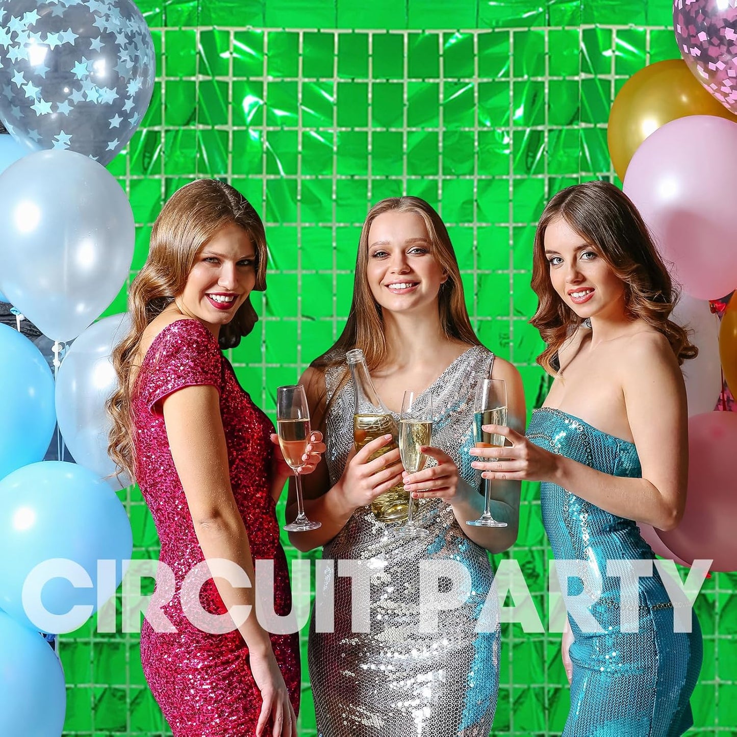 PADELO 2 Pcs Green Foil Fringe Square Curtain Backdrop - Blue Streamers Party Decorations, Sequin Square Curtain Photo Backdrop Props for Birthday Party Dinosaur Jungle Football Decor, 3.3 x 6.6 Ft