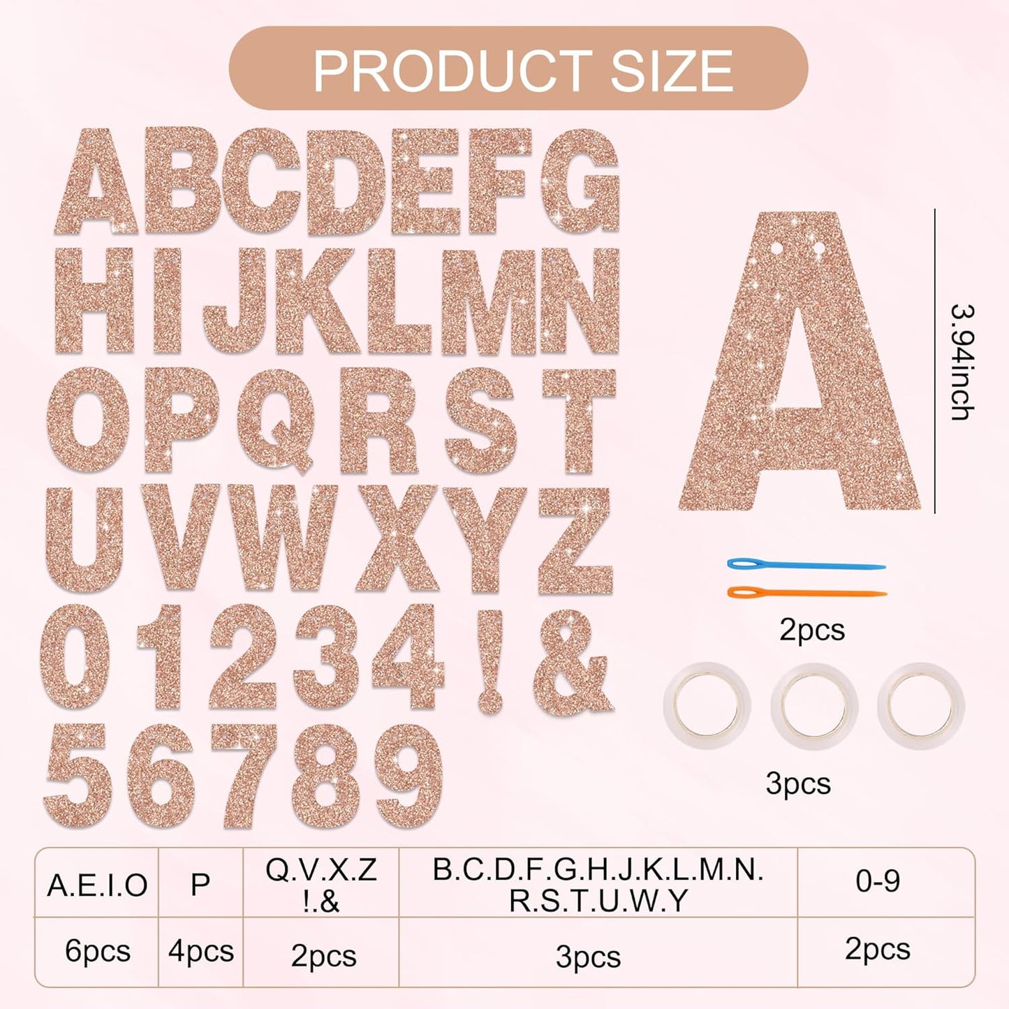 BEISHIDA 116 PCS A-Z Glitter Rose Gold DIY Letter Banner Kit Make Your Own Banner，Including 111 Letters and Numbers 3 Rope and 2 Threading Device,Customized for Birthday Graduation Wedding Party Decor