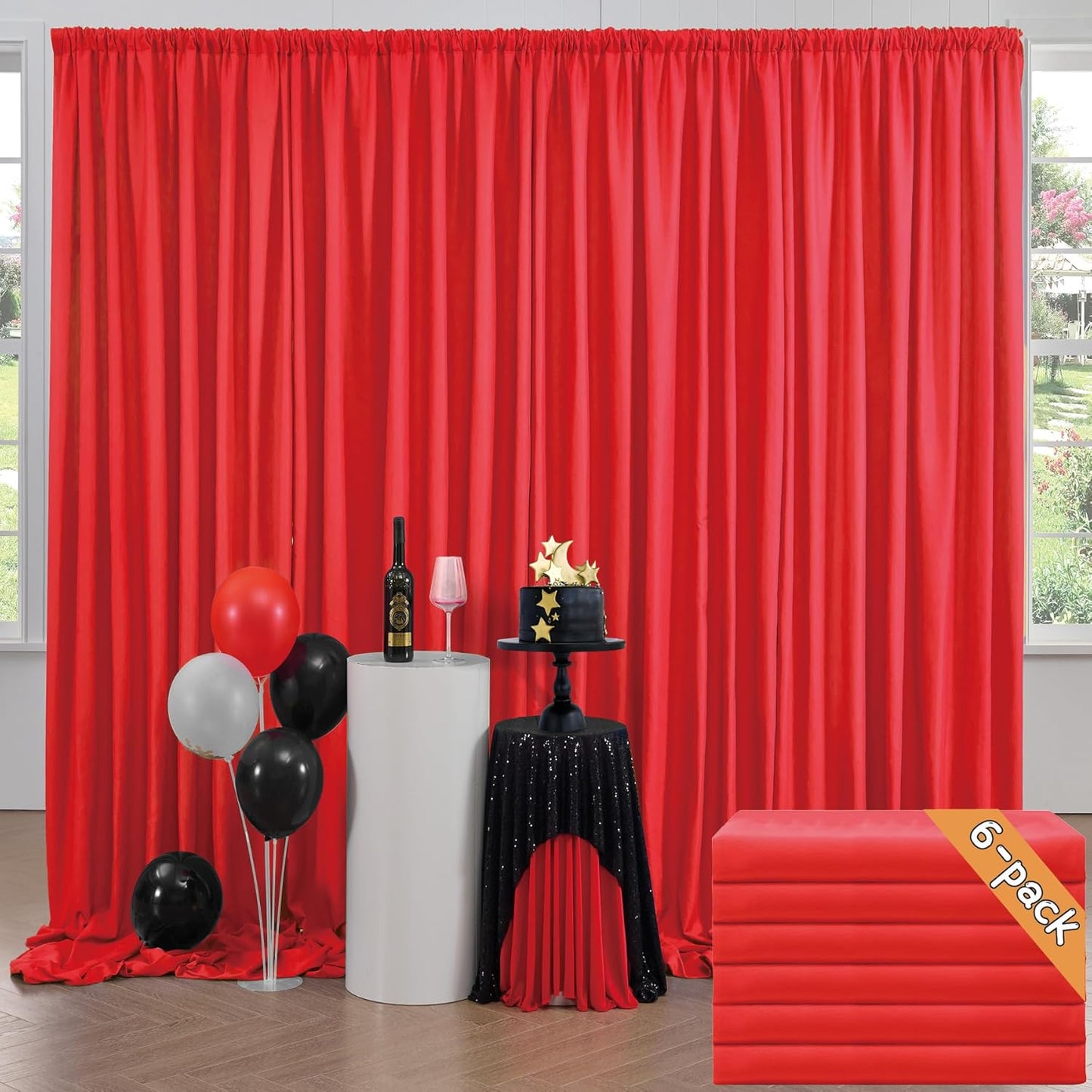 30ft x 10ft Thick Red Backdrop Curtains for Parties, 6 Panels 5ft x 10ft Non See Through Red Polyester Wedding Drapes Photo Backdrop for Birthday Party Graudation Photography Home Decor
