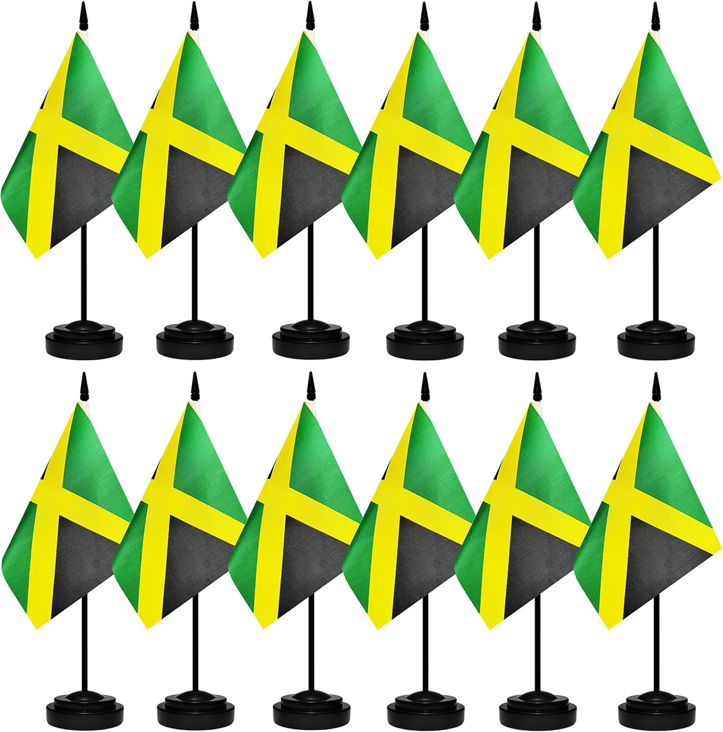 12 Pack Jamaica Desk Flags Set, Jamaican Small Mini Table Office Flags with 12" Solid Black Pole, 8.2 x 5.5 Inches, Home and Office Decoration, Festival Celebrations