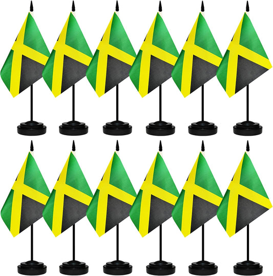 12 Pack Jamaica Desk Flags Set, Jamaican Small Mini Table Office Flags with 12" Solid Black Pole, 8.2 x 5.5 Inches, Home and Office Decoration, Festival Celebrations