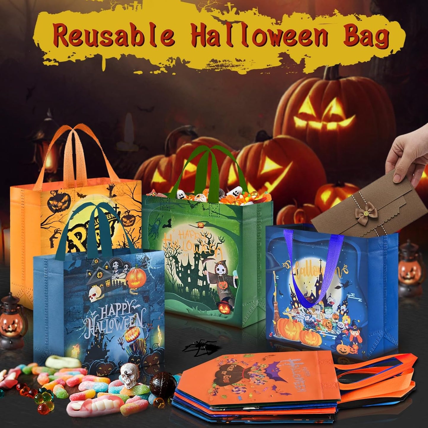 AhfuLife 8 Pcs Halloween Trick or Treat Bags, Candy Tote Bags with Handles, Reusable Non-Woven Gift Bag for Halloween Party Supplies Favors (7.8×7.8×3.1’’)