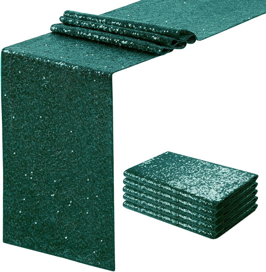 Sequin Table Runners 5 Pieces Emerald Green Table Runners 12x72 Inch Glitter Dining Table Cover for Party Wedding Birthday Reception Banquet Decoration Spring Party Chair Sashes