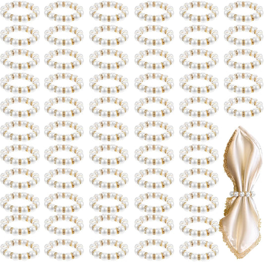 60 Pcs Wedding Pearl Napkin Rings, Pearl Napkin Rings Napkin Ring Holder Imitation Beaded White Napkin Ring Elegant Rhinestone Serviette Rings Buckle for Formal Wedding Home Dinner Party Decorations